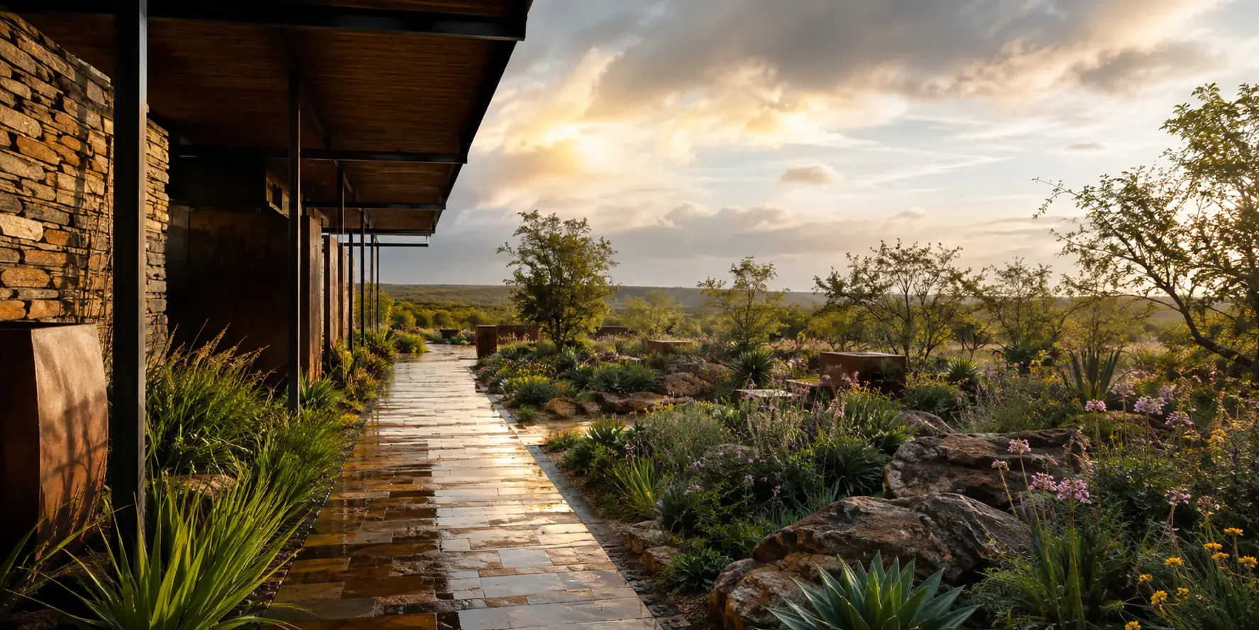 A covered stone walkway opening into a water-wise indigenous garden near Rustenburg