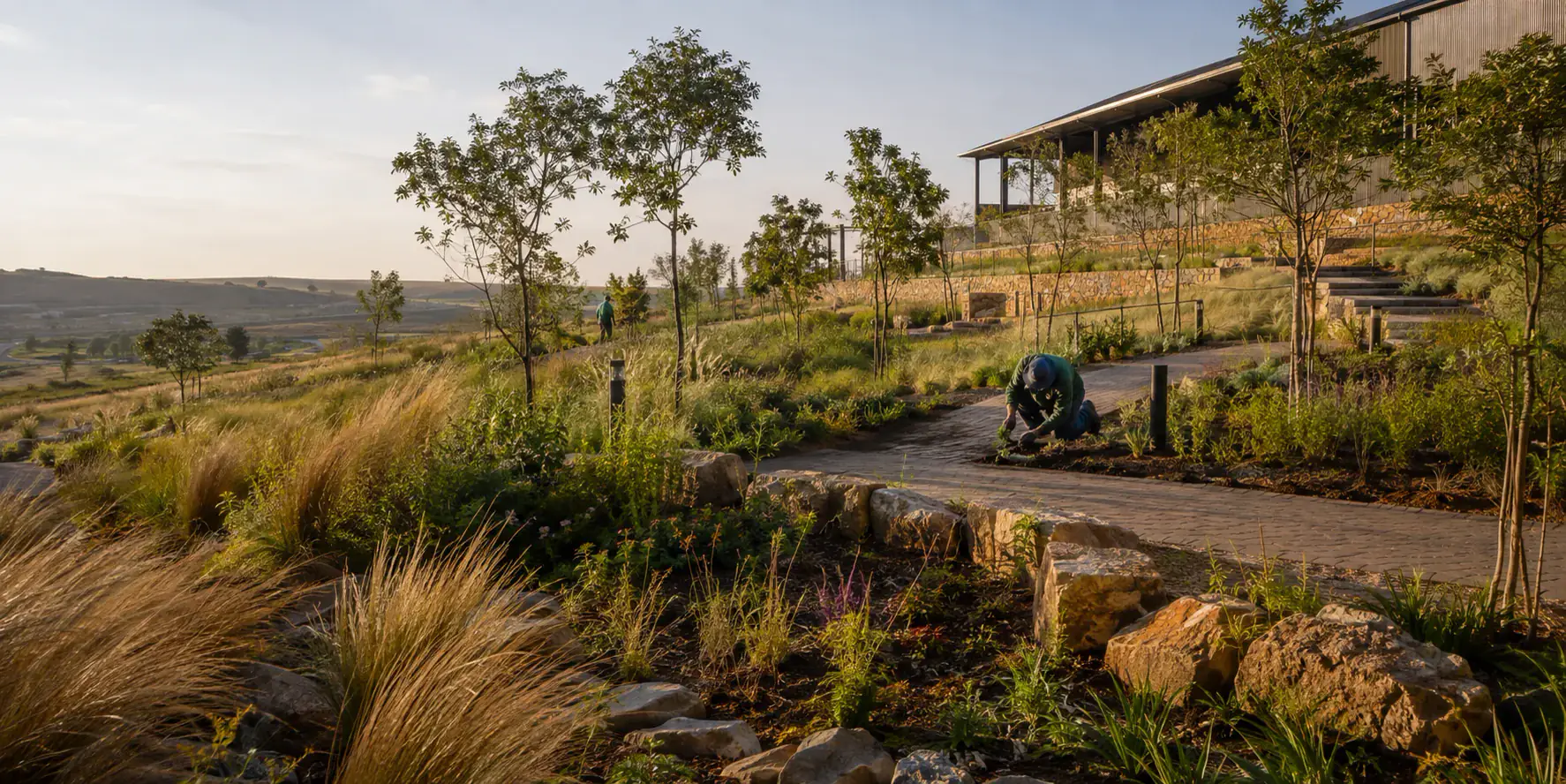 Landscape professionals establishing indigenous planting across a broad South African site