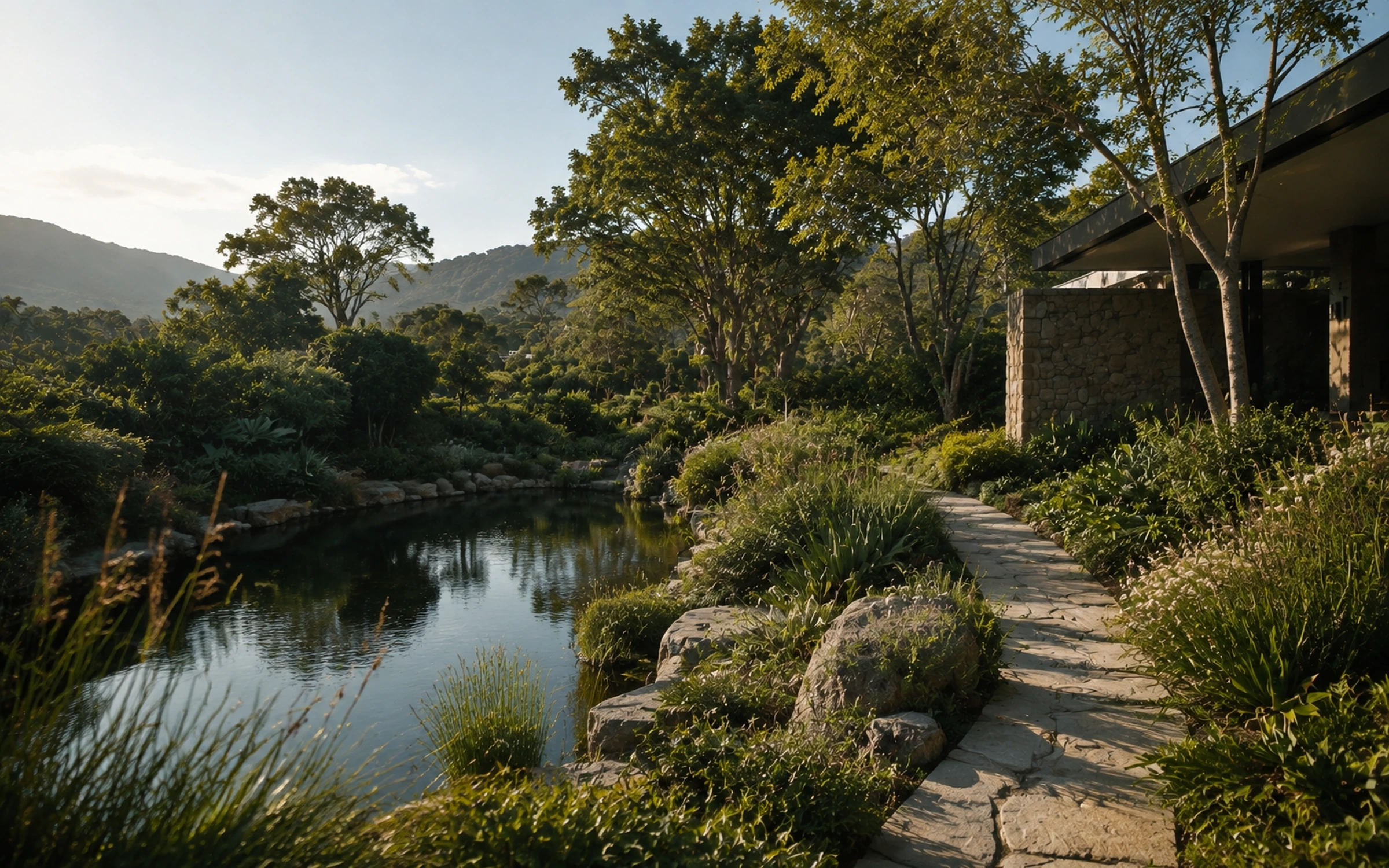 A richly planted South African landscape with stone paths and water